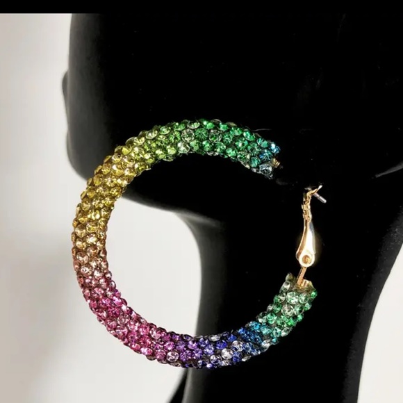 Rainbow Multi Color Rhinestone Hoop Bling Y2K, Retro, Disco, Pride Earrings - Picture 1 of 8